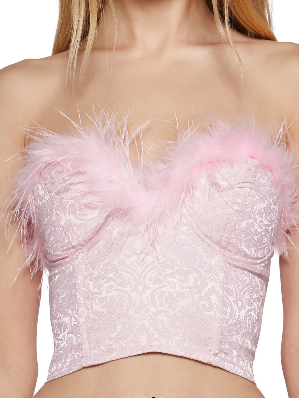 Sugar Thrillz Pink Feather-Trim Bustier/Crop Corset Top